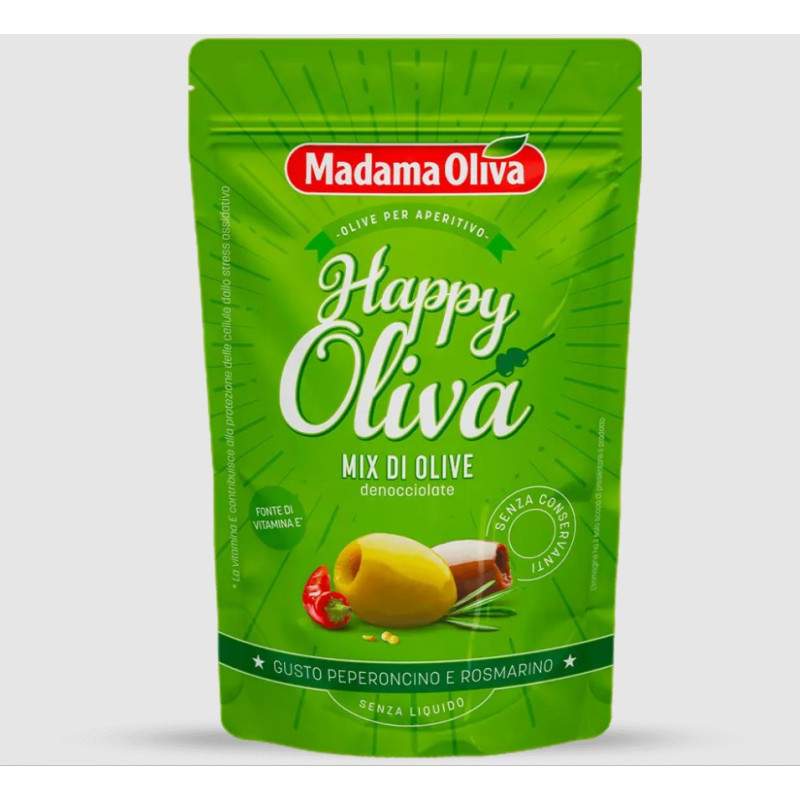 PITTED OLIVE MIX WITH CHILLY PEPPER & ROSEMARY (80G) - MADAMA OLIVA