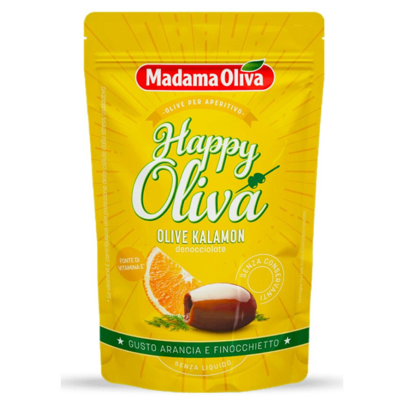 PITTED KALAMATA OLIVES WITH ORANGE & WILD FENNEL (80G) - MADAMA OLIVA