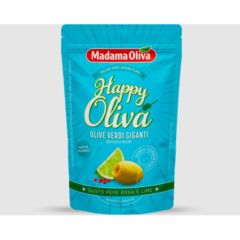 PITTED GIANT OLIVES WITH PINK PEPPERCORNS & LIME (80G) - MADAMA OLIVA