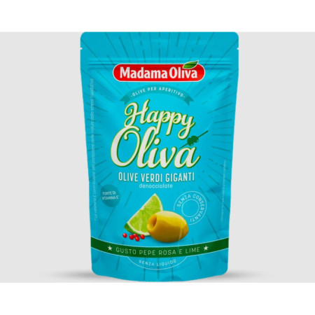 PITTED GIANT OLIVES WITH PINK PEPPERCORNS & LIME (80G) - MADAMA OLIVA